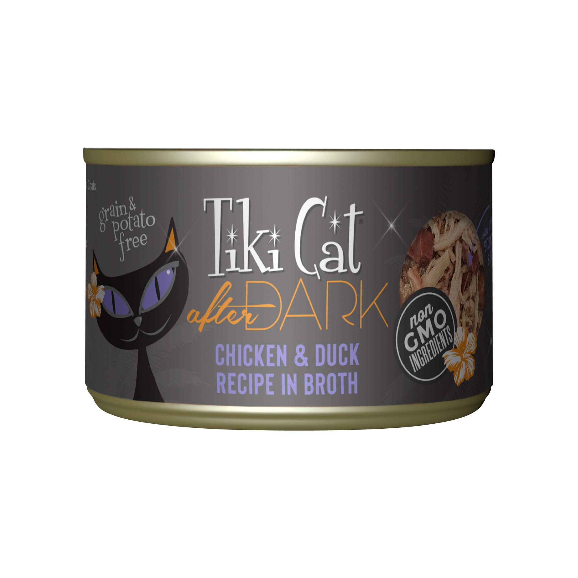Tiki Cat After Dark trozos de pollo y pato en caldo sabroso para adultos.