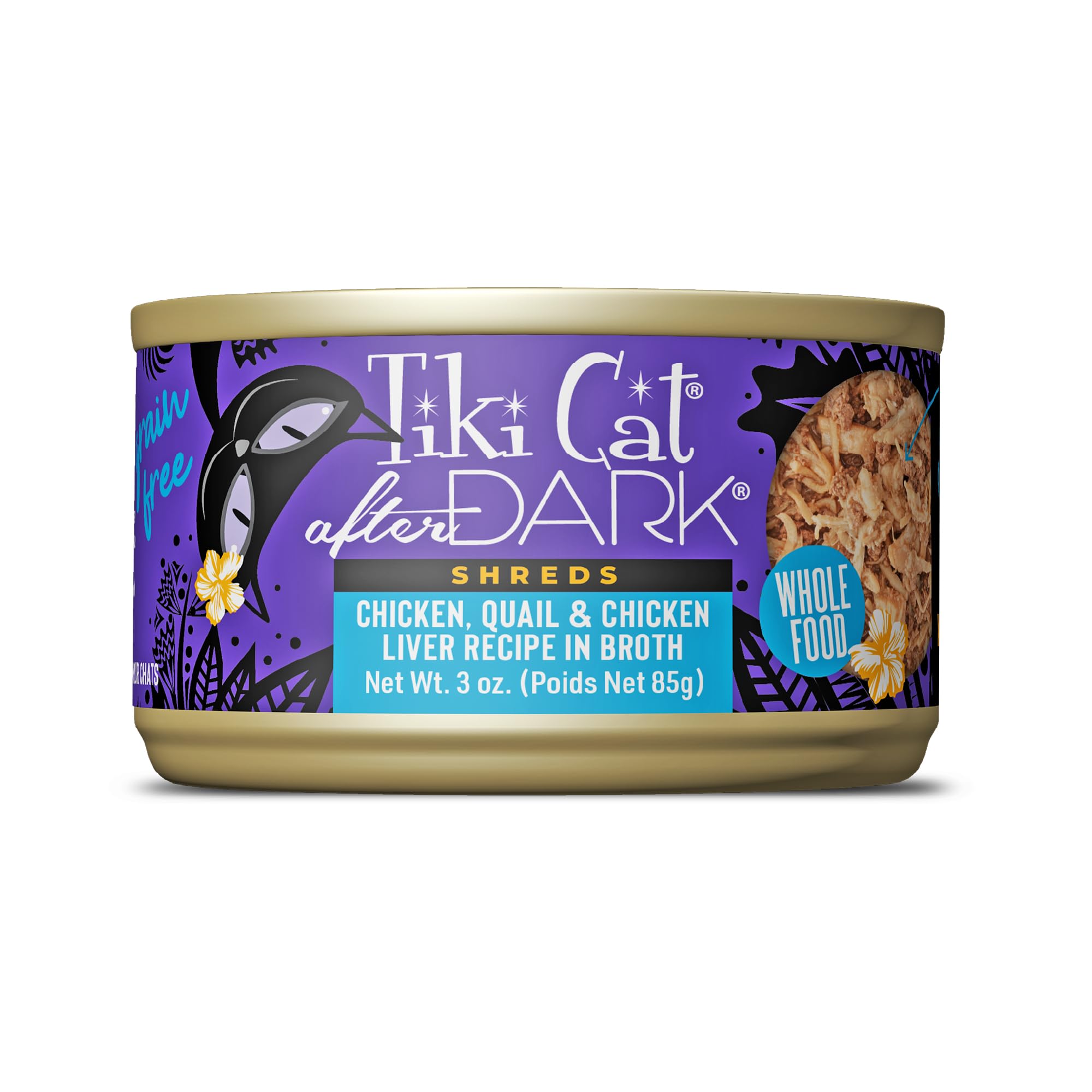 Tiki Cat After Dark Shreds en lata con pollo, codorniz e hígado, proteína alta.