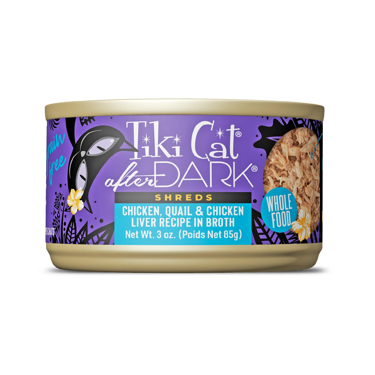 Tiki Cat After Dark Shreds en lata con pollo, codorniz e hígado, proteína alta.