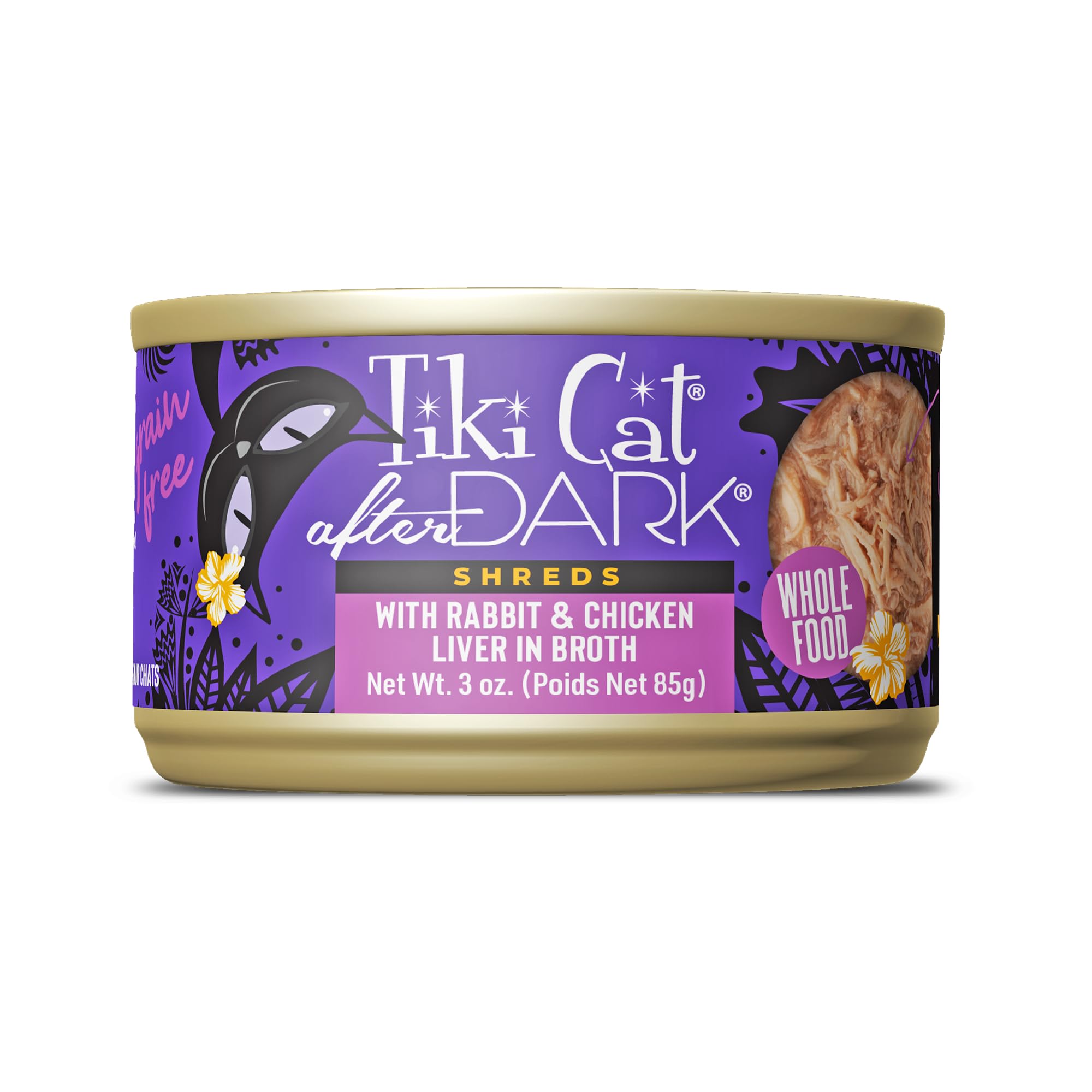 Tiki Cat After Dark Shreds: lata de tres onzas con etiqueta, ideal para snack sabroso