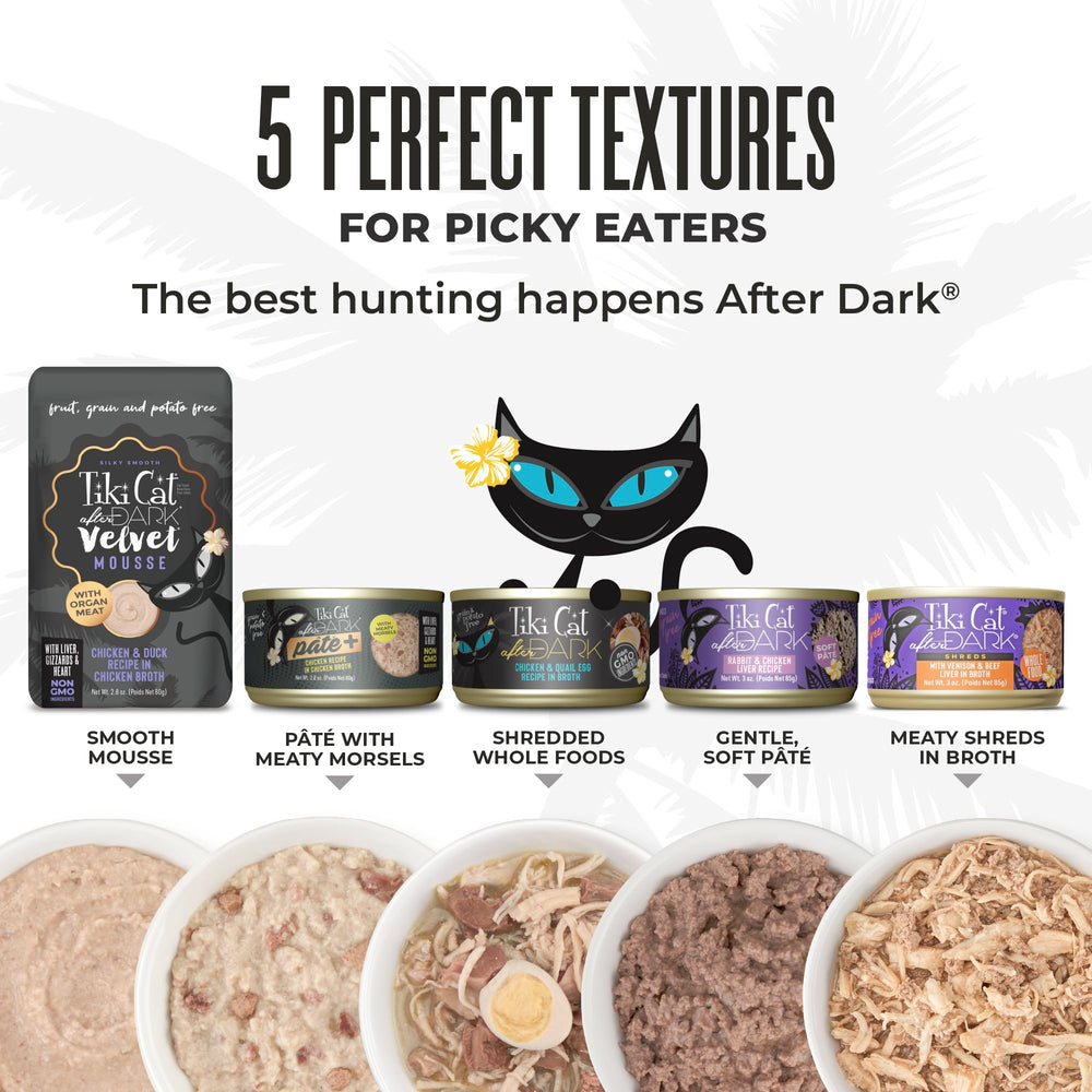 Tiki Cat After Dark Shreds sin verduras ni frutas para dieta proteica.