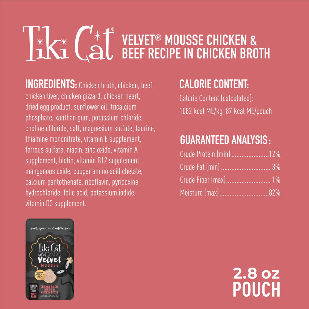Tiki Cat After Dark Velvet Mousse proteína alta con pollo y ternera.