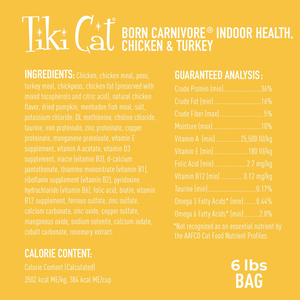 Tiki Cat Born Carnivore: fibra suave de calabaza para digestión equilibrada.