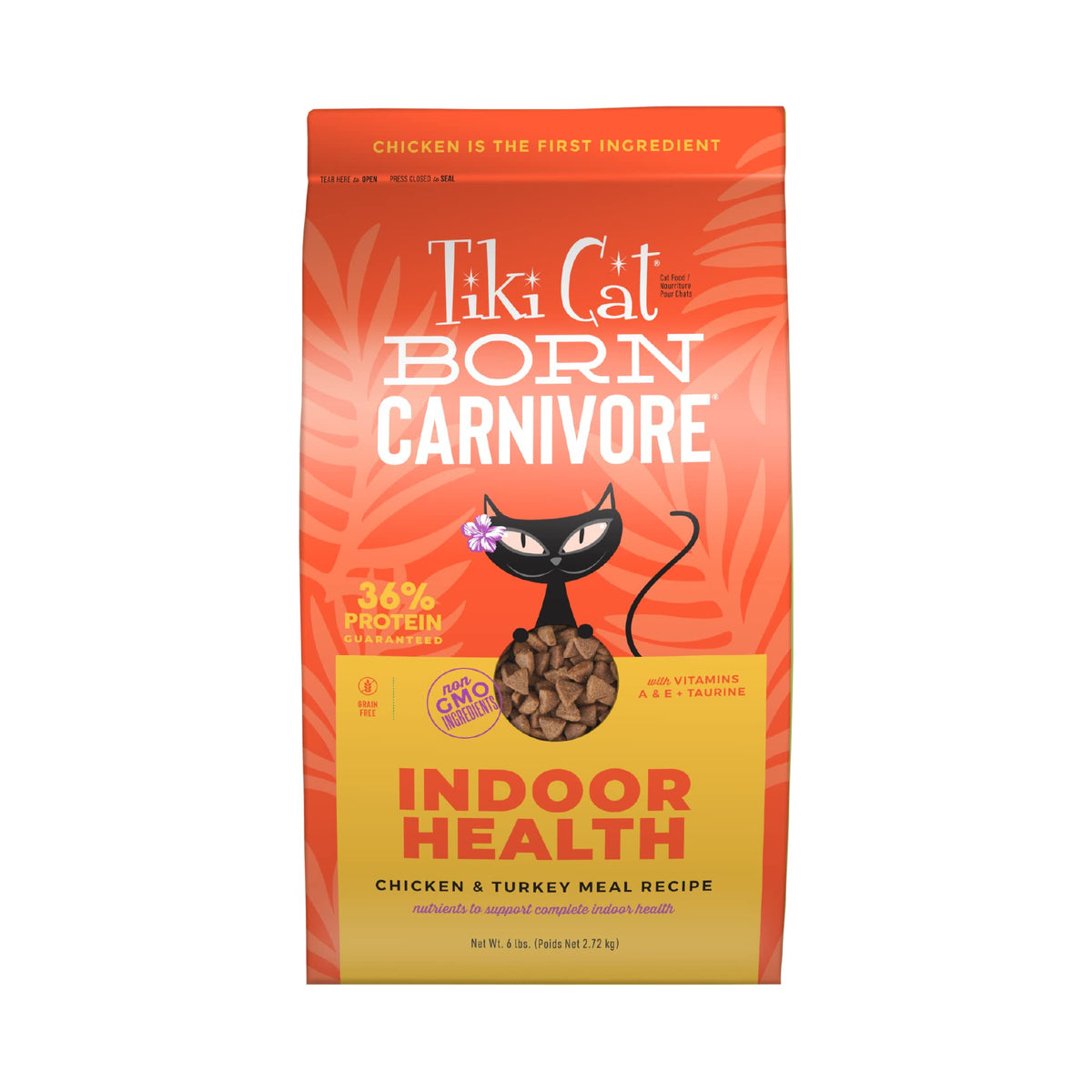 Tiki Cat Born Carnivore: alimento seco crujiente para gatos indoor que favorece la saciedad.