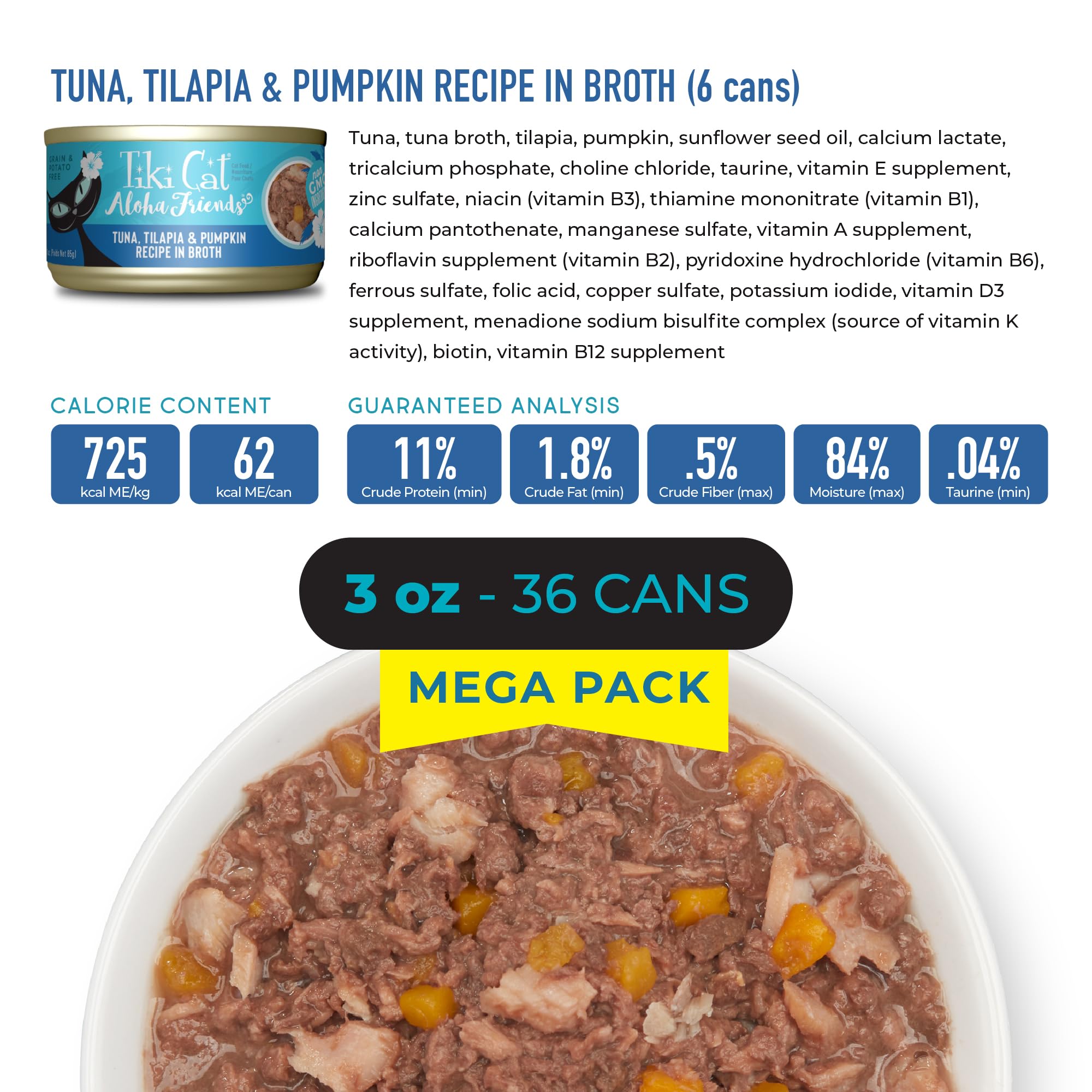 Tiki Cat Aloha Friends: ingredientes no modificados genéticamente para calidad.