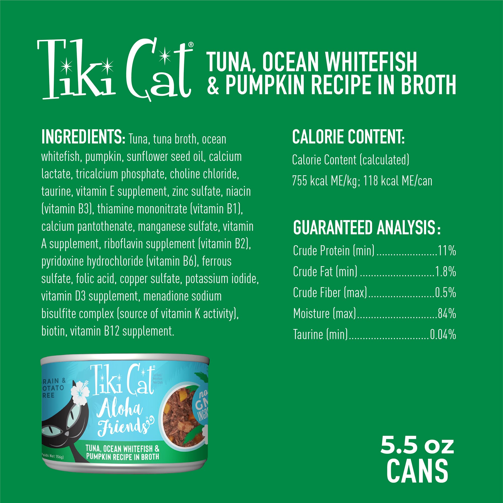 Tiki Cat Aloha Friends proteína rica con atún y pez blanco para sabor natural.