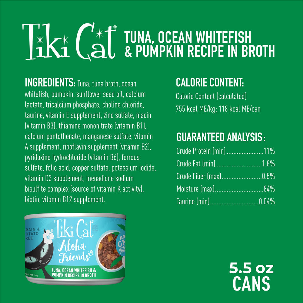 Tiki Cat Aloha Friends proteína rica con atún y pez blanco para sabor natural.