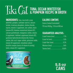 Tiki Cat Aloha Friends proteína rica con atún y pez blanco para sabor natural.