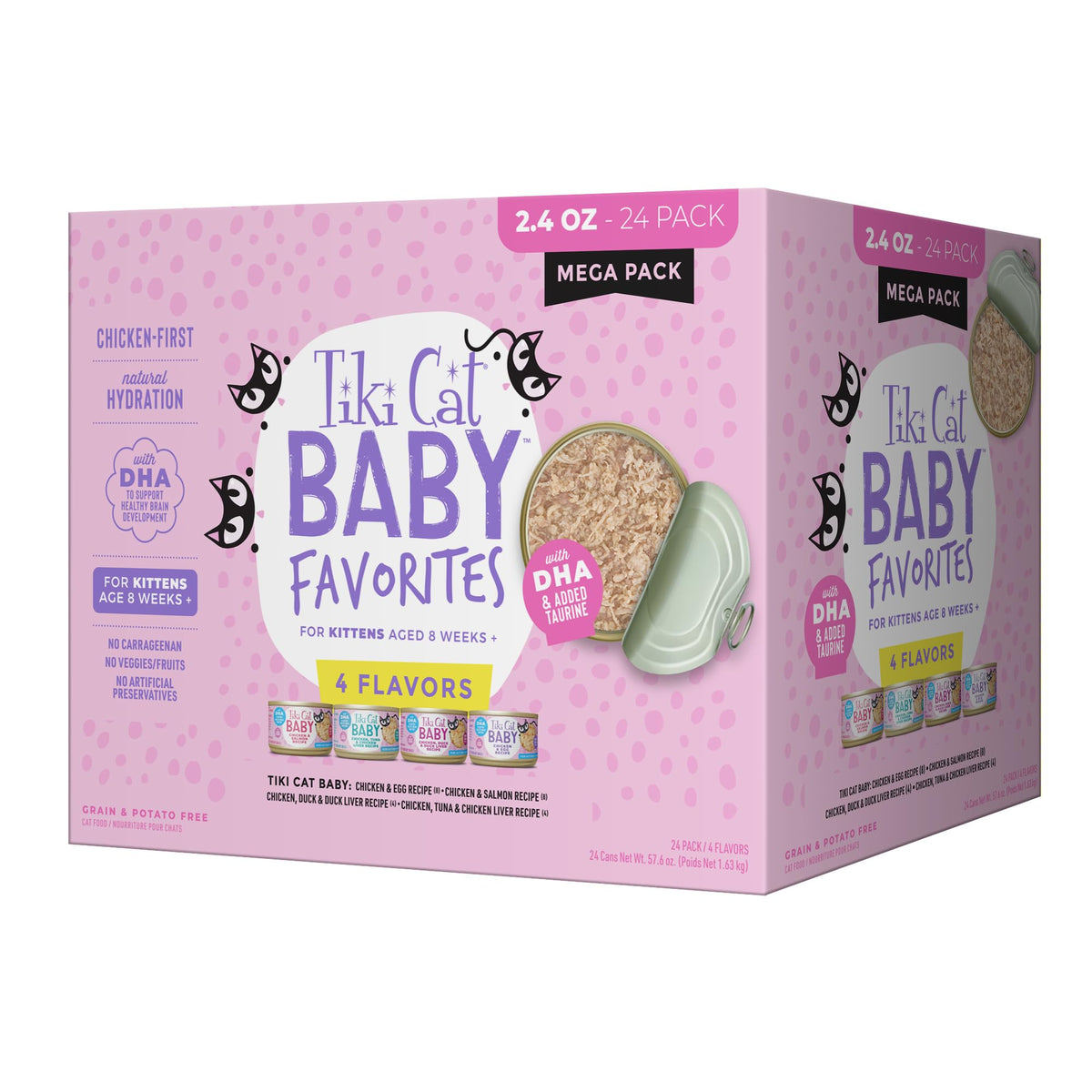 Mega Pack de Tiki Cat Baby Favorites en latas 2-4 oz para gatitos con proteína de alta calidad.