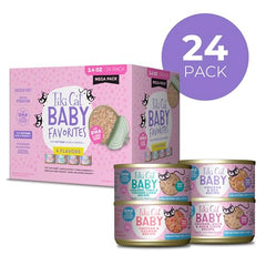 Trozos de pollo en Tiki Cat Baby Favorites para gatitos en crecimiento.