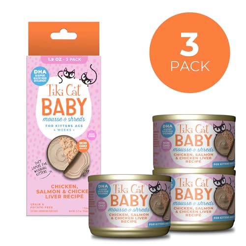 Tiki Cat Baby Mousse Shreds con salmón: proteína de alta calidad.