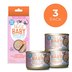 Tiki Cat Baby Mousse Shreds con salmón: proteína de alta calidad.