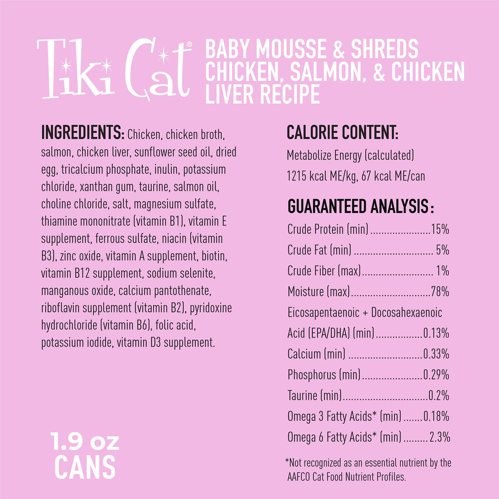 Tiki Cat Baby Mousse Shreds con taurina para desarrollo saludable.