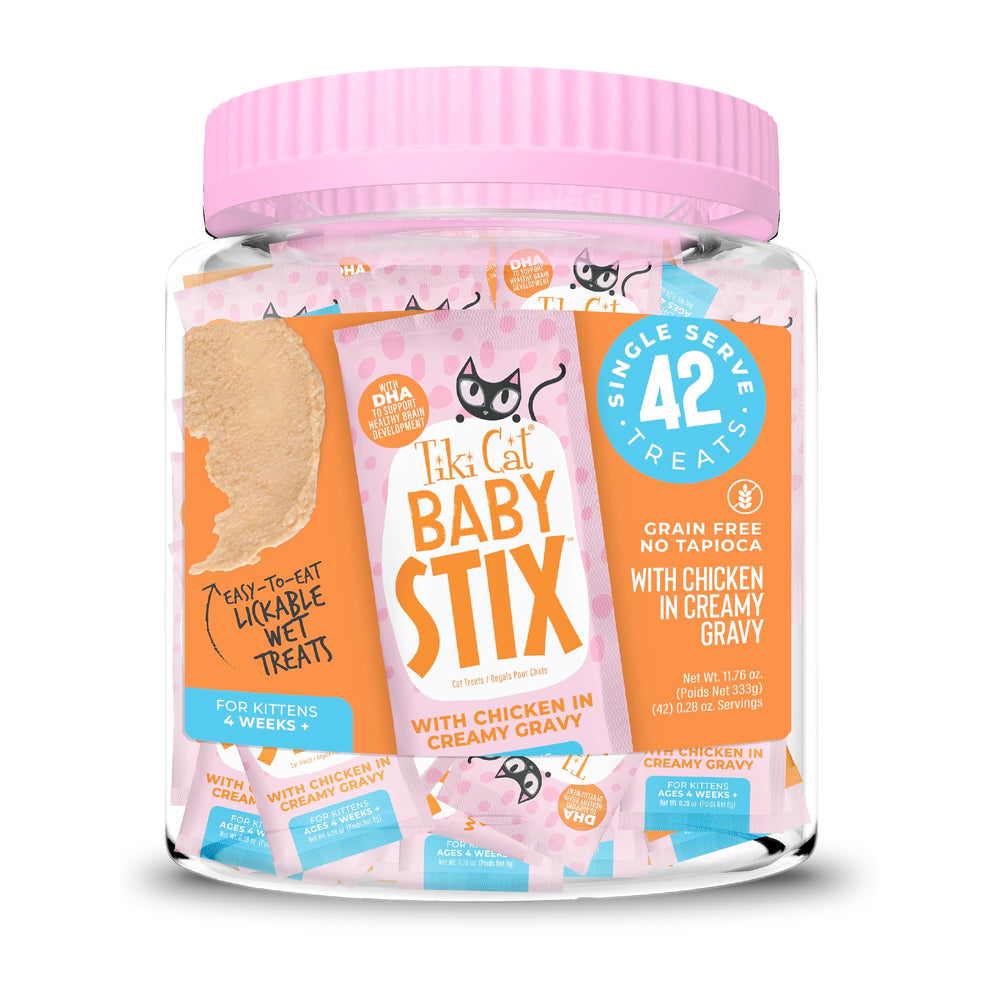 Tiki Cat Baby Stix en tarro con 42 porciones de pollo para gatitos.