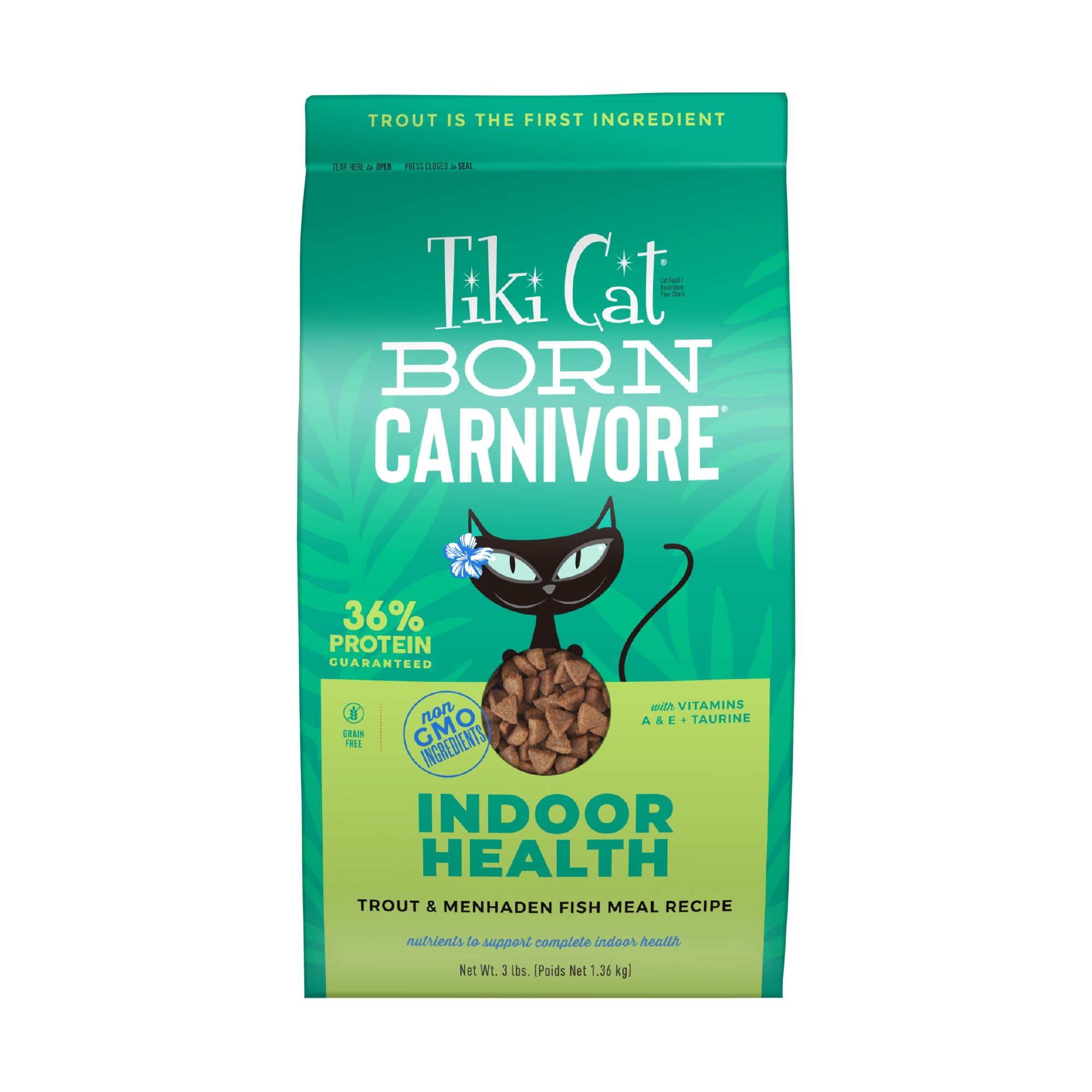 Tiki Cat Born Carnivore Indoor Health, bolsa de 3 lb con trucha para gatos de interior.