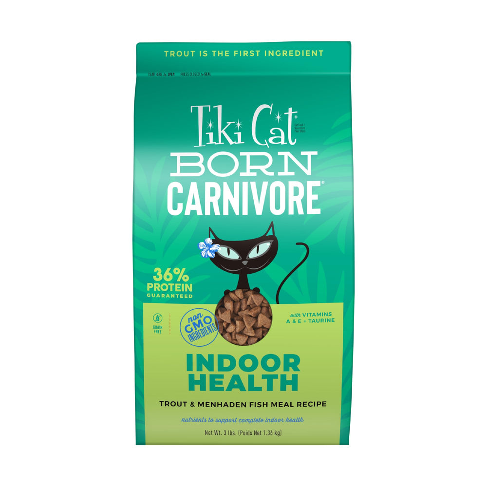 Tiki Cat Born Carnivore Indoor Health, bolsa de 3 lb con trucha para gatos de interior.