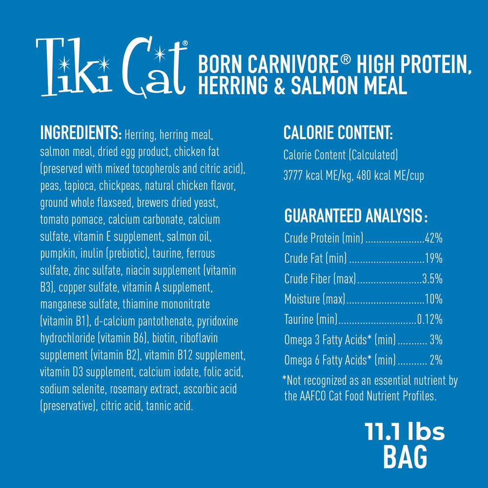 Tiki Cat Born Carnivore con linaza, calabaza y aceite de salmón para digestión.