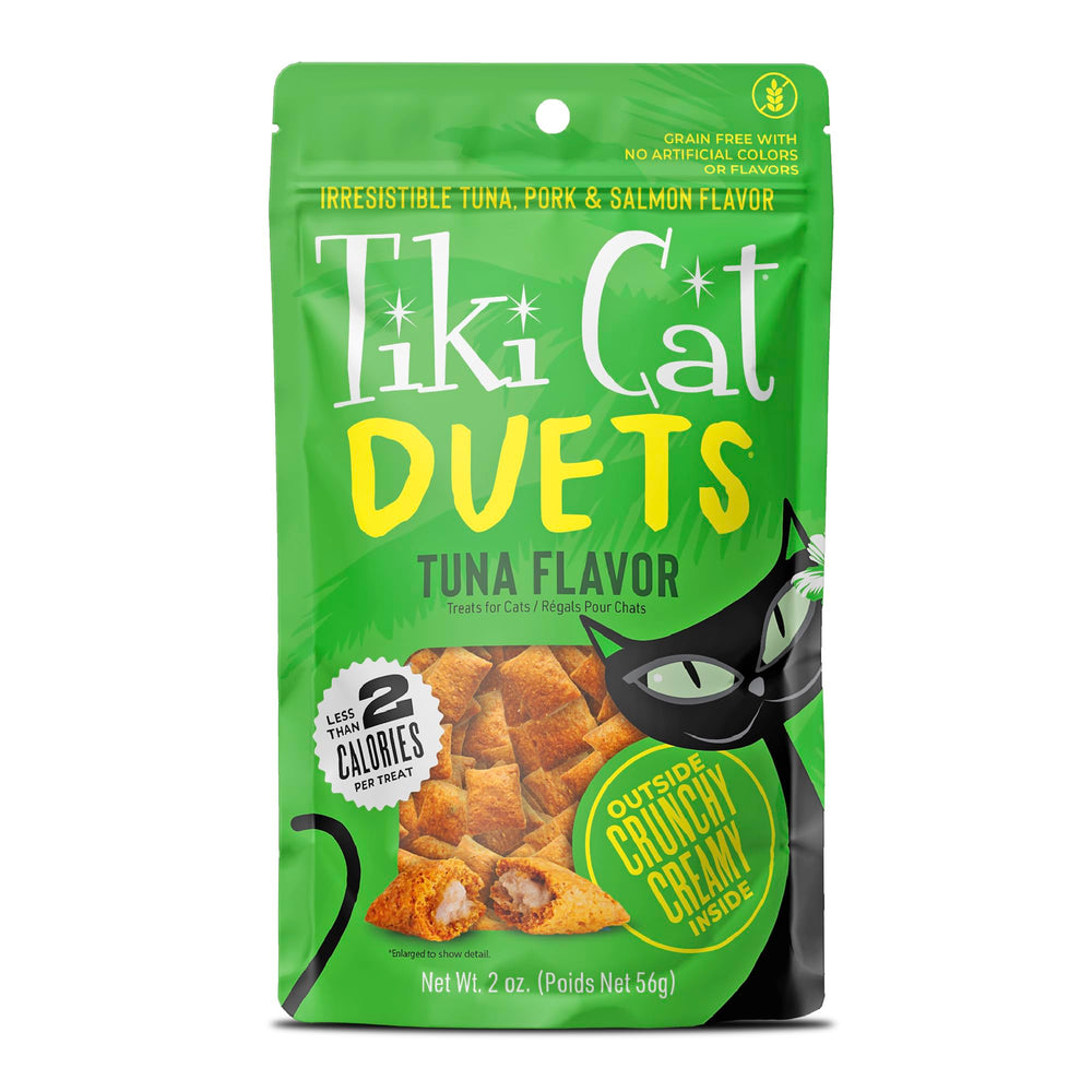 Tiki Cat Duets con exterior crujiente e interior cremoso, snack para gatos.