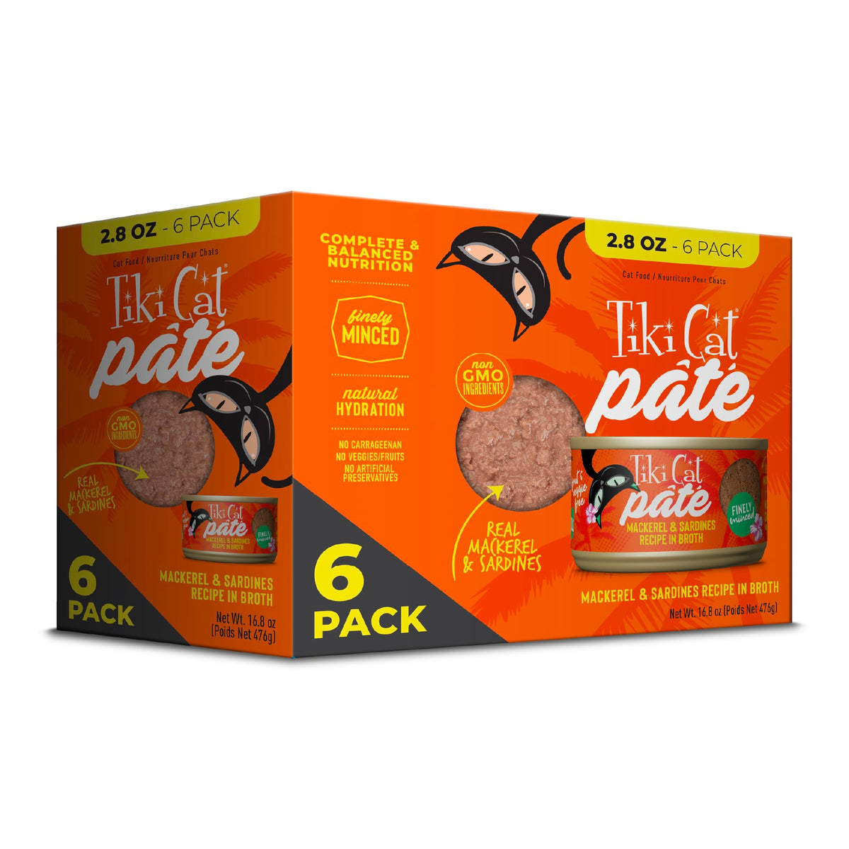Tiki Cat Grill Pate Sardina y Caballa en lata de 80 g, alto contenido proteico para felinos activos.