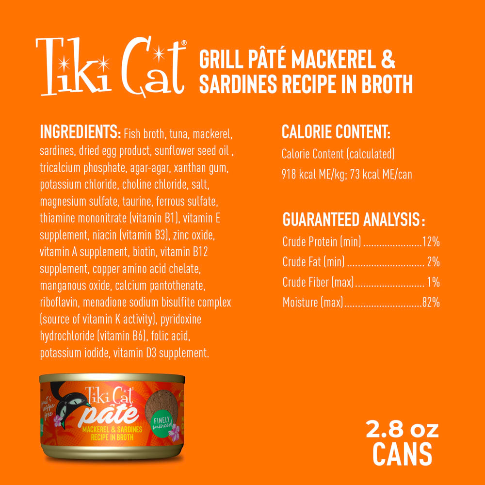 Tiki Cat Grill Pate Sardina y Caballa servido en tazón para gato.