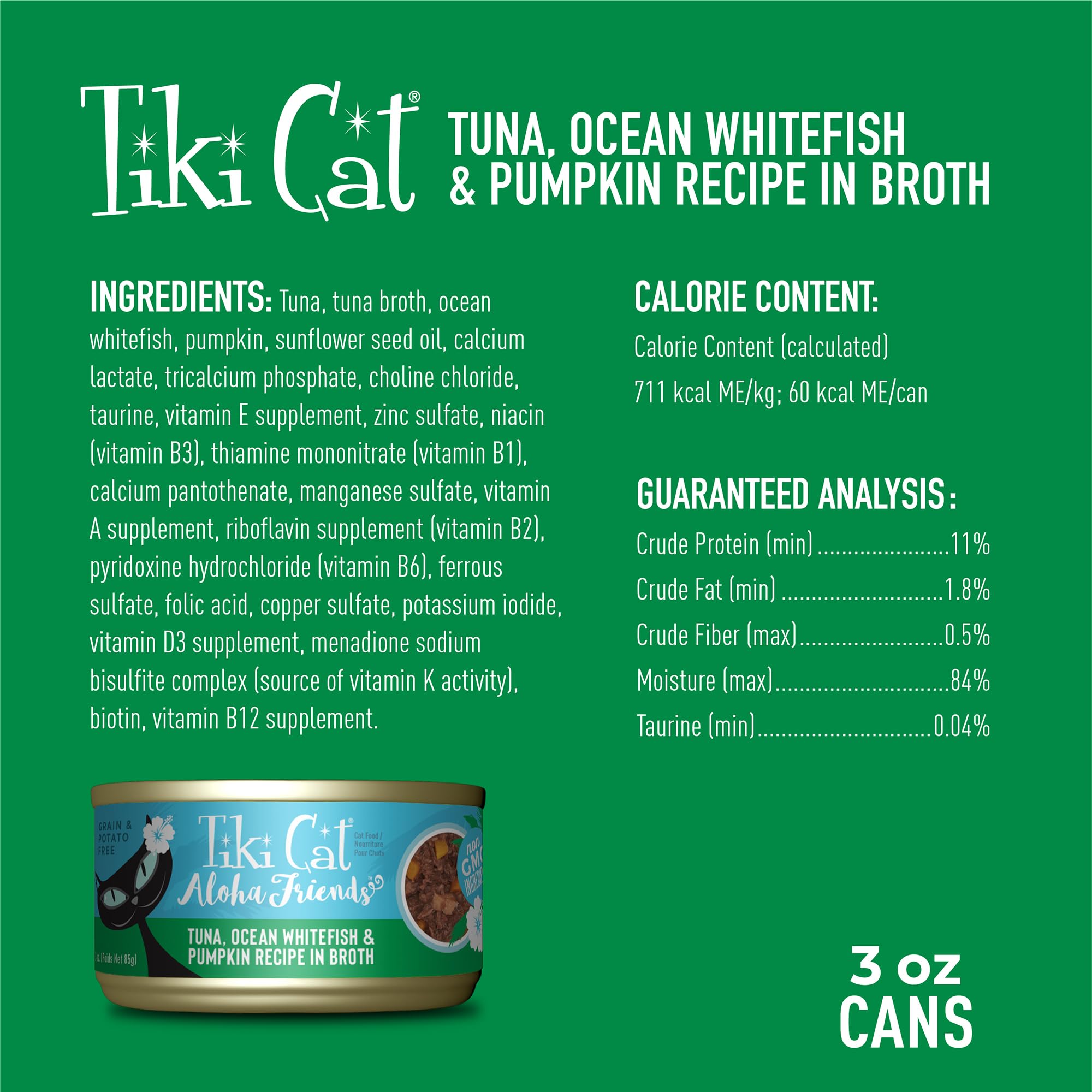 Tiki Cat Aloha Friends ingredientes clave, sin granos para una digestión ligera.