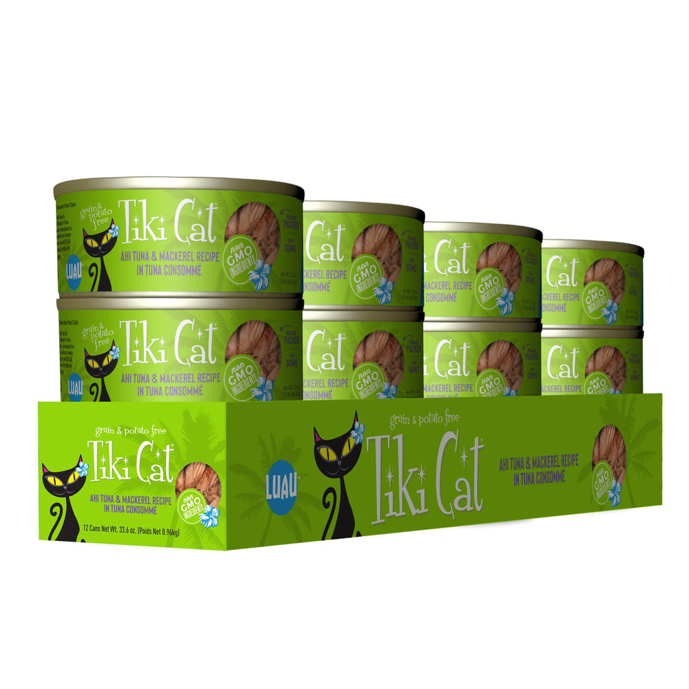 Tiki Cat Papeekeo Luau lata con caballa en consomé, sabor marino para gatos exigentes.