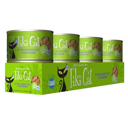 Etiqueta nutricional de Tiki Cat Luau muestra proteína y humedad