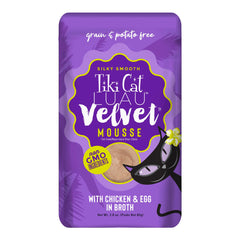 Tiki Cat Luau Mousse Terciopelo: pollo y huevo en caldo, proteína de calidad.