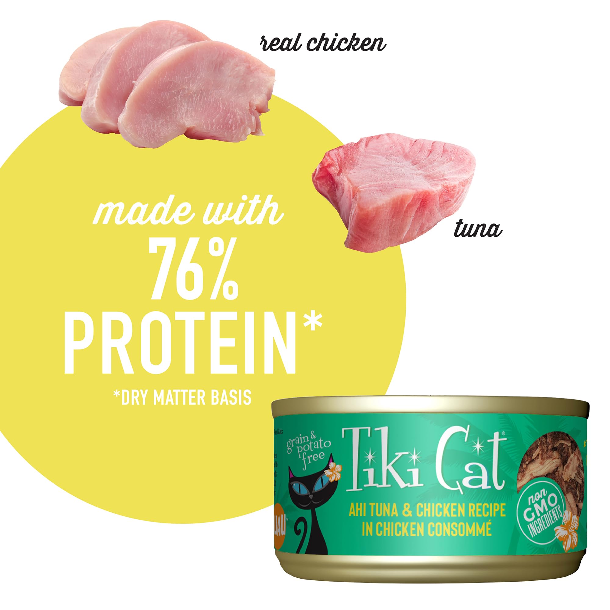 Tiki Cat Luau sin granos, ideal para dieta alta en proteína.