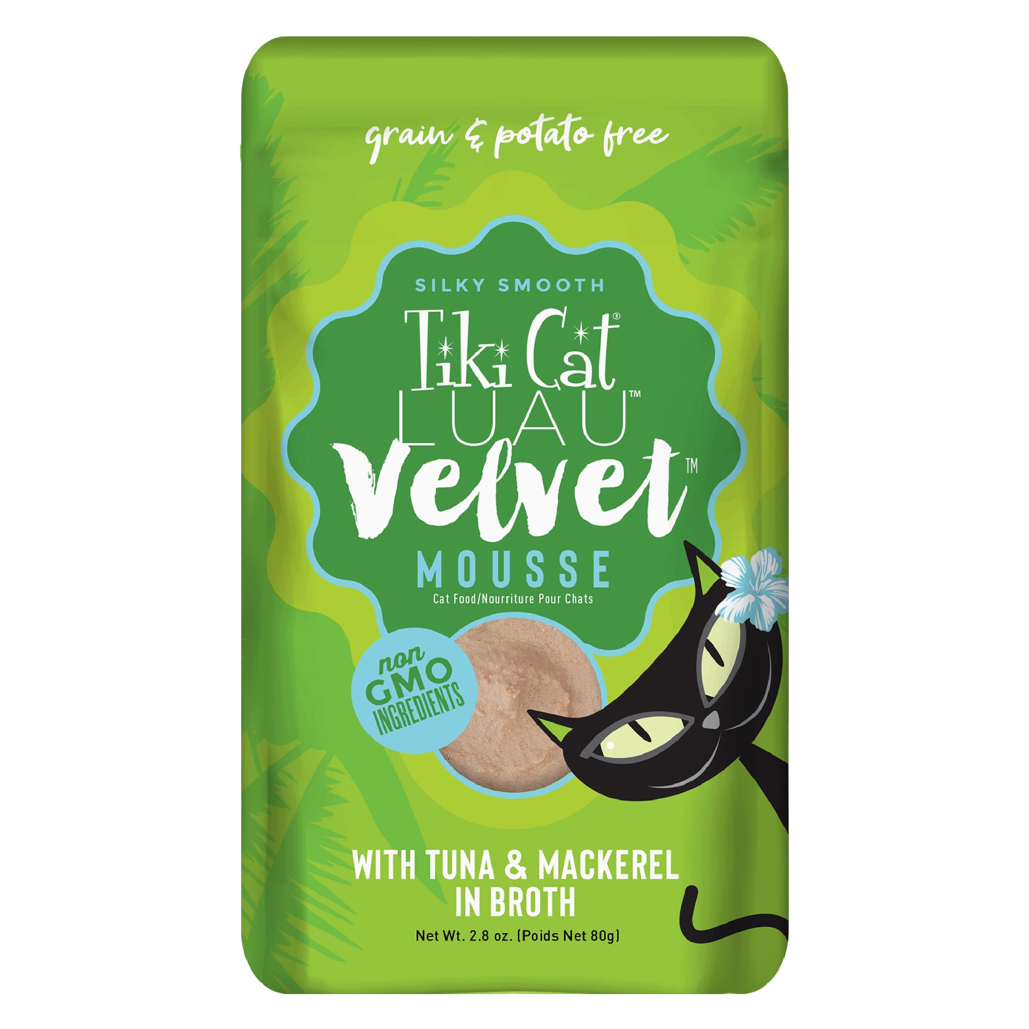 Tiki Cat Luau Velvet Mousse en bolsa con atún y caballa, sabor delicioso y alto contenido de agua.