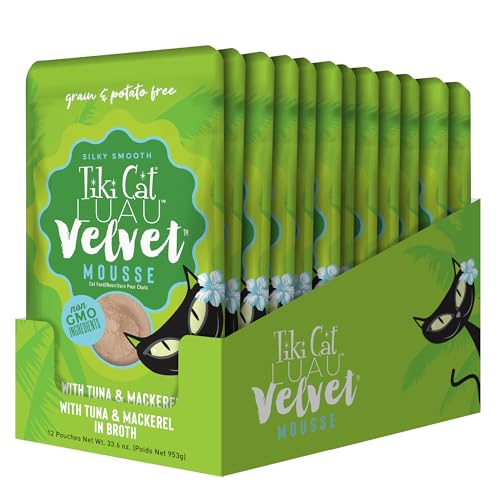 Tiki Cat Luau Velvet Mousse, caldo de atún y caballa, proteína real para felinos.