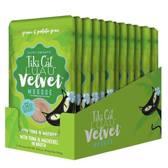 Tiki Cat Luau Velvet Mousse, caldo de atún y caballa, proteína real para felinos.