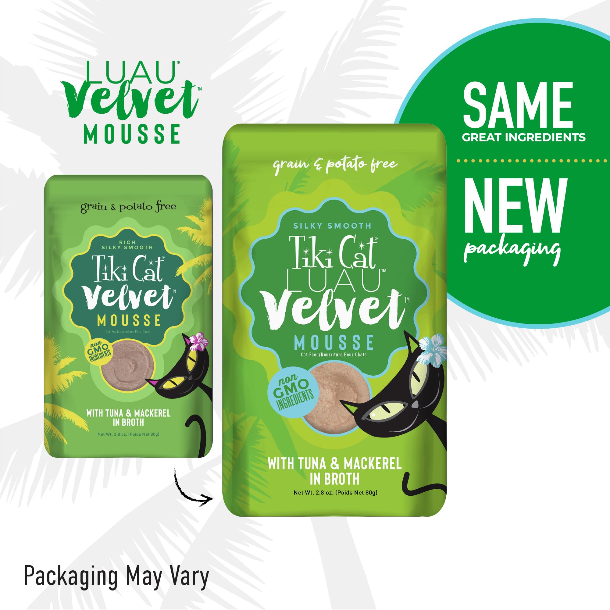 Tiki Cat Luau Velvet Mousse entrega carne real como primer ingrediente para gusto y nutrición.