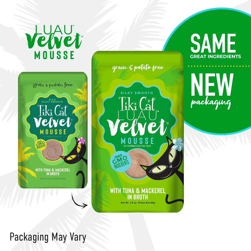 Tiki Cat Luau Velvet Mousse entrega carne real como primer ingrediente para gusto y nutrición.