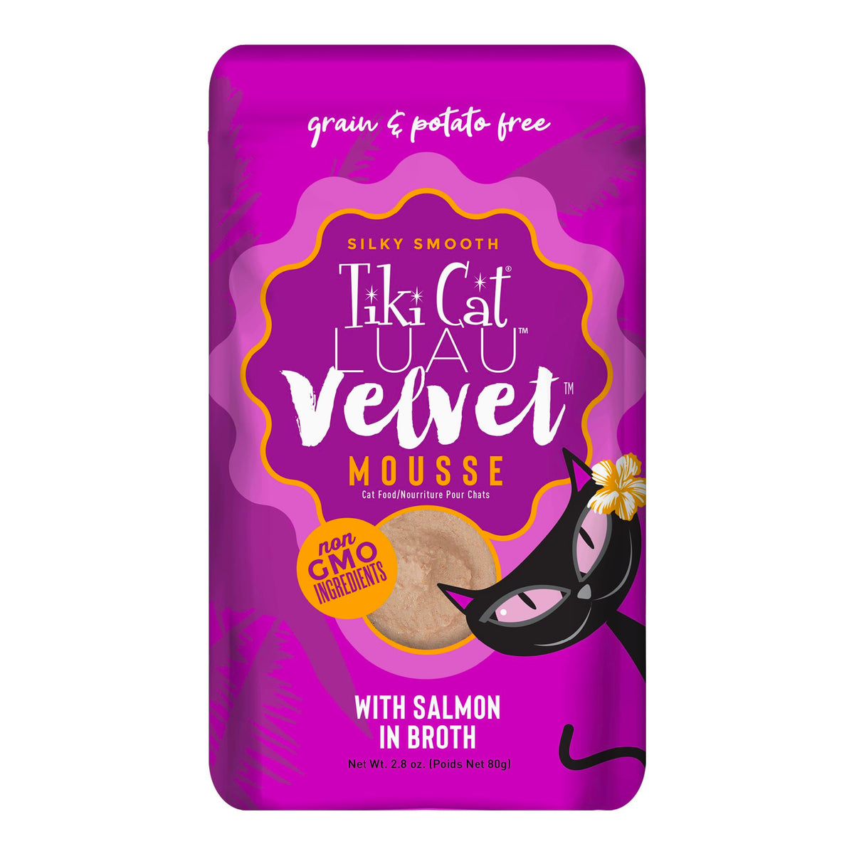 Tiki Cat Luau Velvet Mousse con salmón en caldo, empaque visible para una nutrición deliciosa.