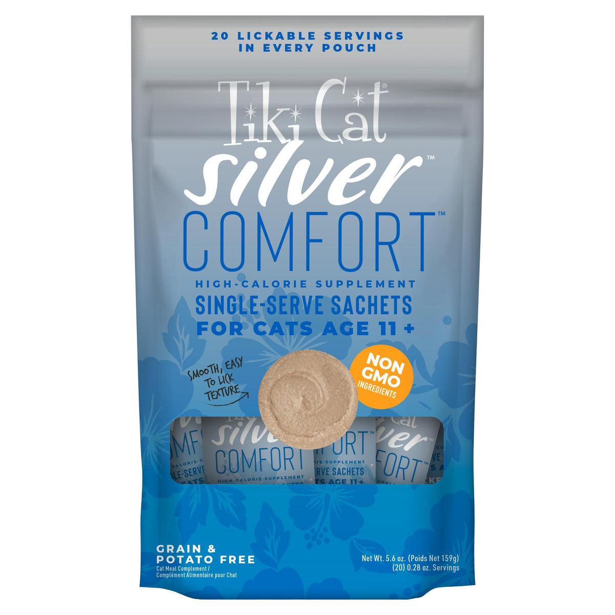 Tiki Cat Silver Comfort sachets pack for senior cats with high-calorie nutrition.