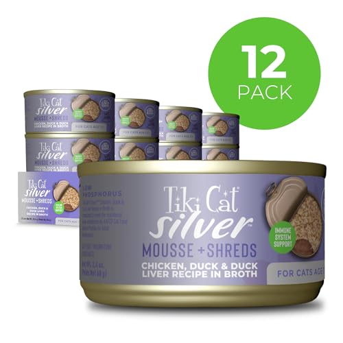 Tiki Cat Silver Comfort: deshebras de pato en mousse suave para dientes sensibles de gatos mayores.