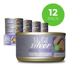 Tiki Cat Silver Comfort: deshebras de pato en mousse suave para dientes sensibles de gatos mayores.