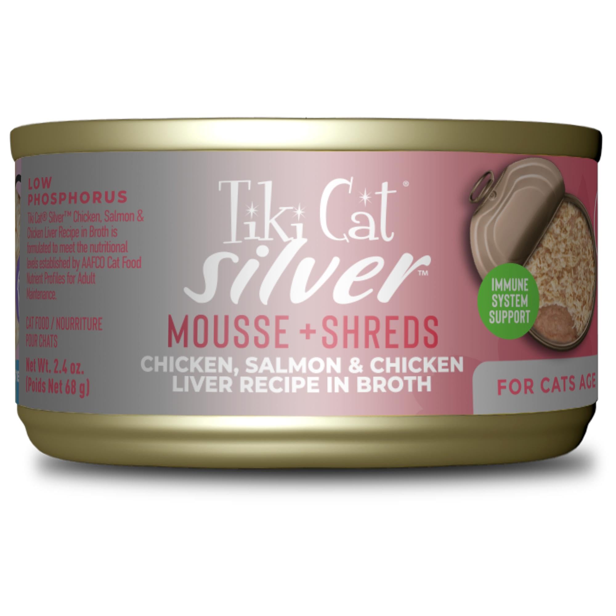 Tiki Cat Silver Comfort Mousse y Shreds con pollo y salmón, textura suave para gatos mayores.