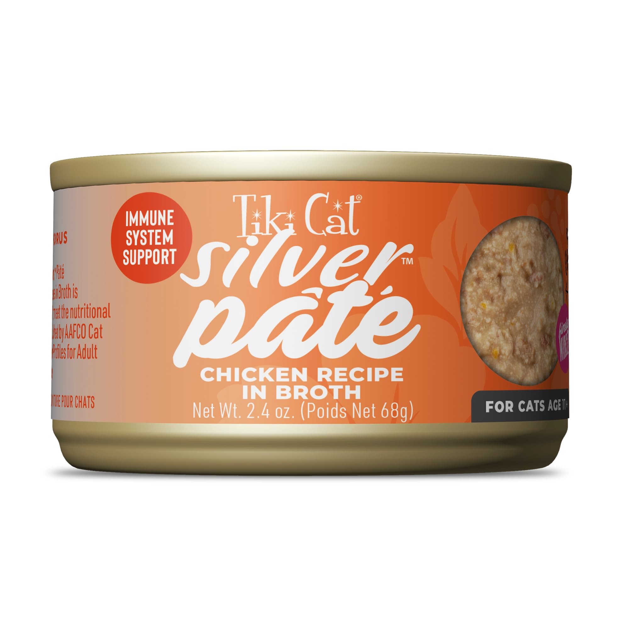 Paté de Tiki Cat Silver para gatos con pollo en caldo en lata.