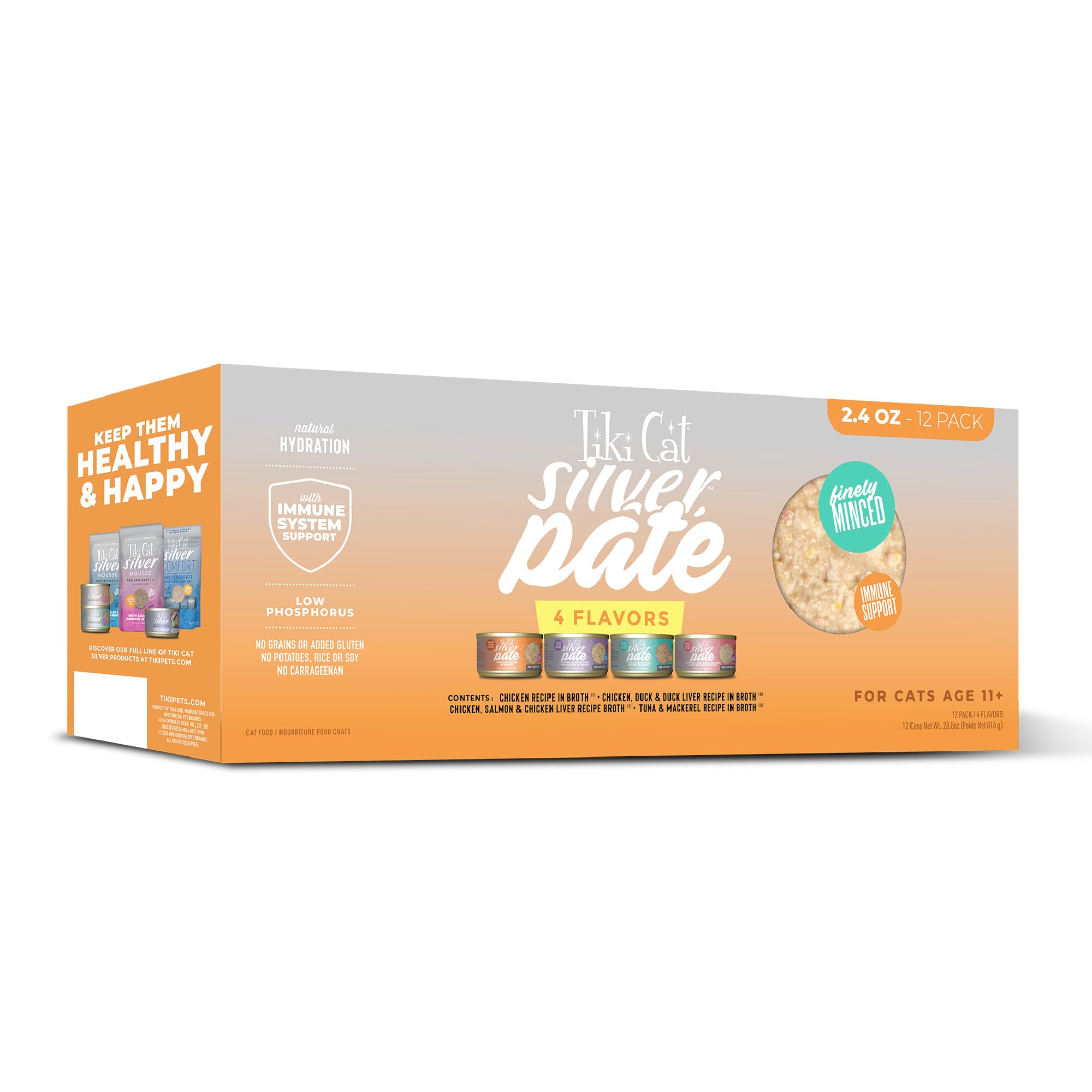 Tiki Cat Silver Pate: lata abierta, textura suave para gatos mayores.
