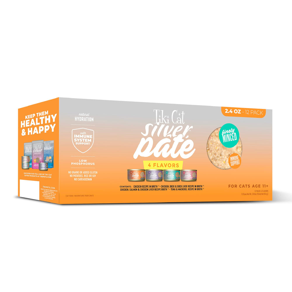 Tiki Cat Silver Pate: lata abierta, textura suave para gatos mayores.