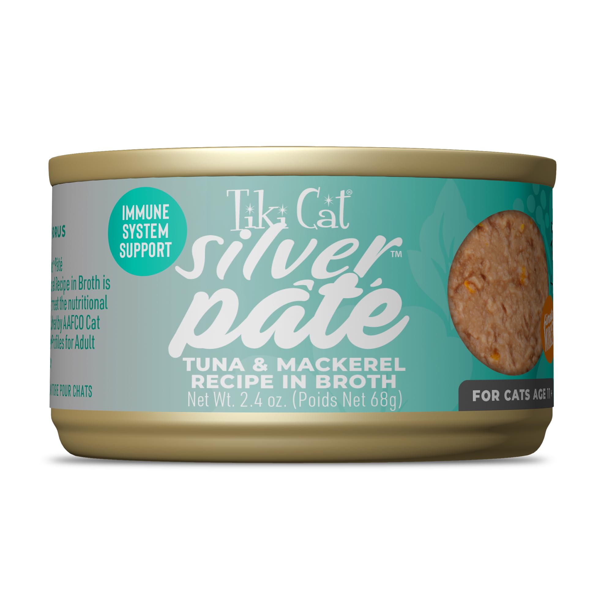 Tiki Cat Silver Pate lata de atún, textura suave para comer fácilmente.