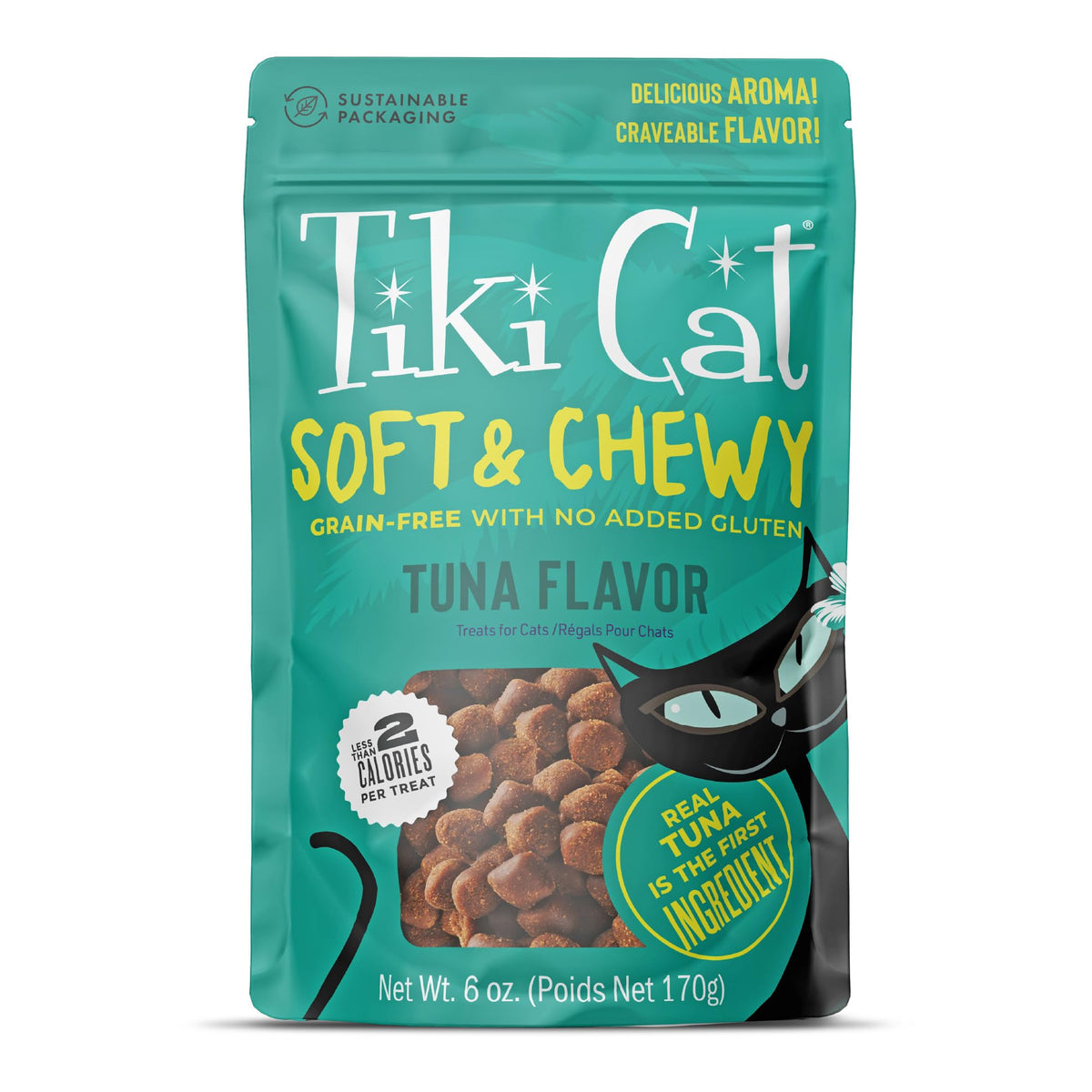 Tiki Cat Soft & Chewy, bocado de atún, sabor irresistible para gatos.