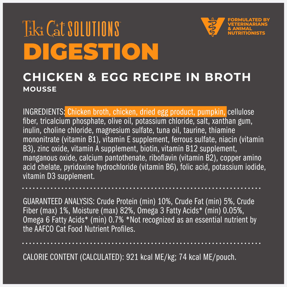 Tiki Cat Solutions Digestion Mousse con prebióticos y fibra de calabaza.