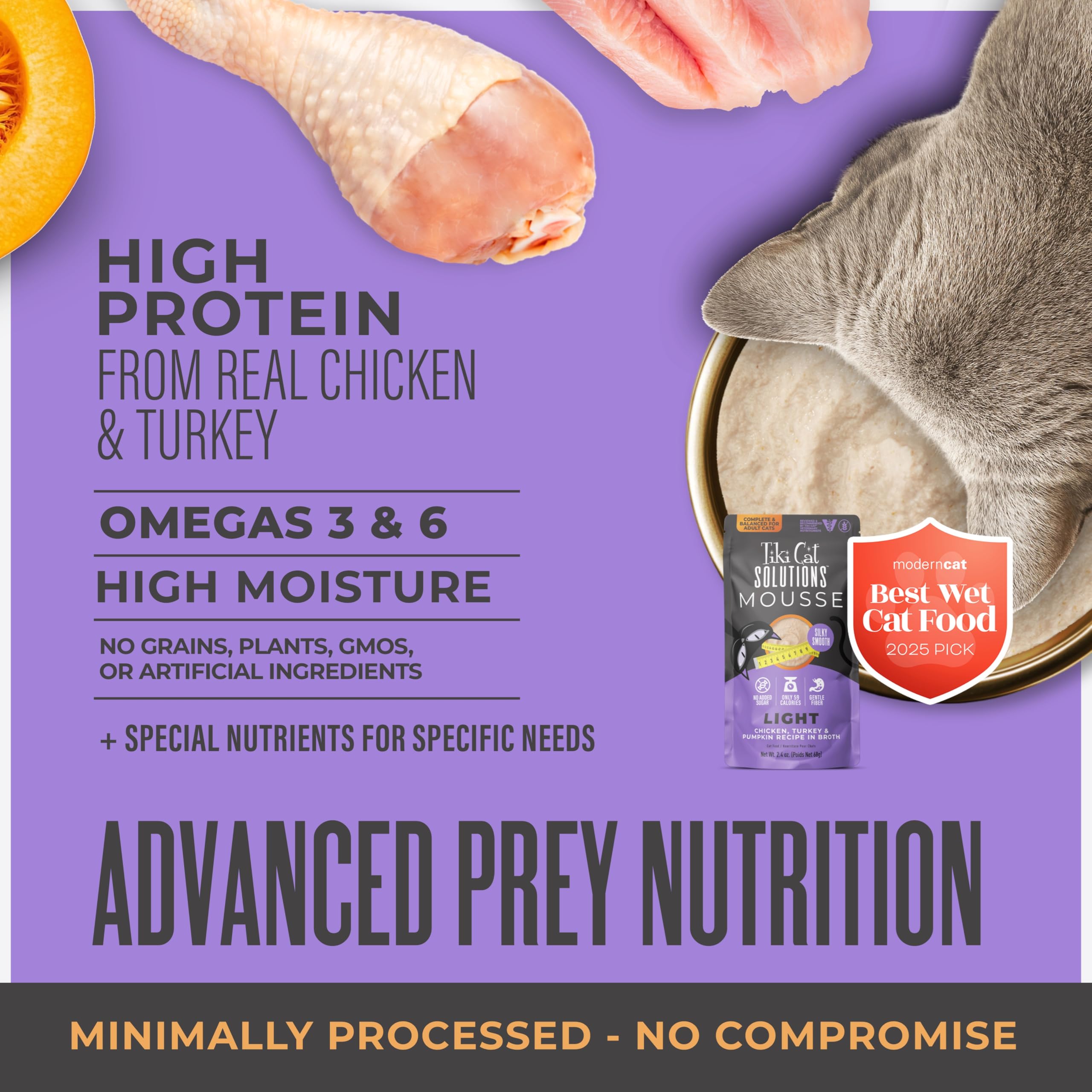 Tiki Cat Solutions Light Mousse incluye L-Carnitina para apoyar el metabolismo en gatos.