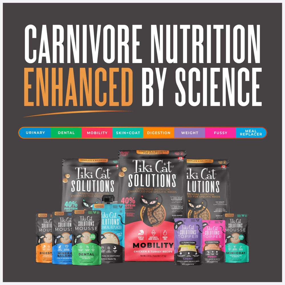 Tiki Cat Solutions mantiene minerales controlados para un perfil nutricional estable.