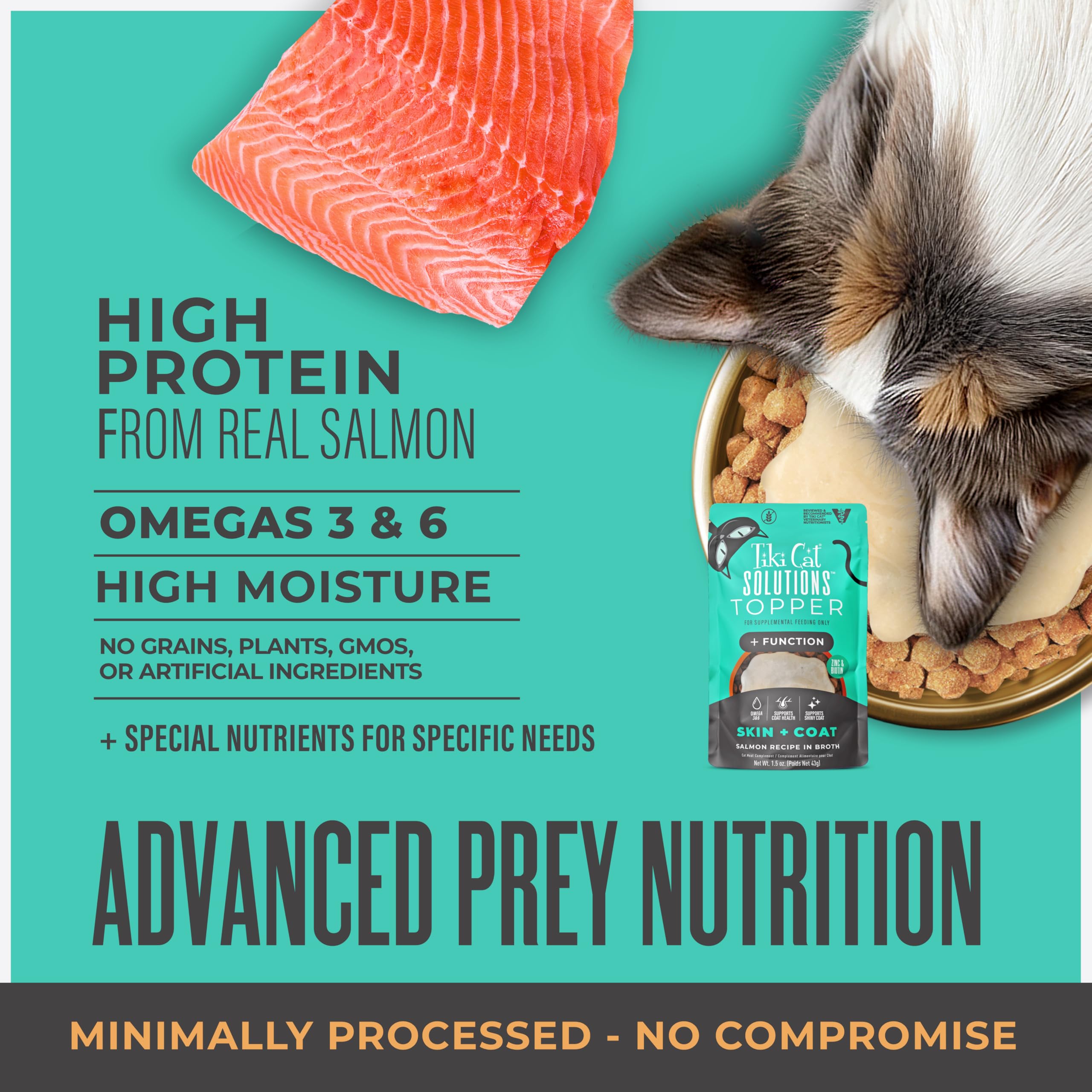 Tiki Cat Solutions Topper aporta omega-3 y omega-6 para el pelaje.