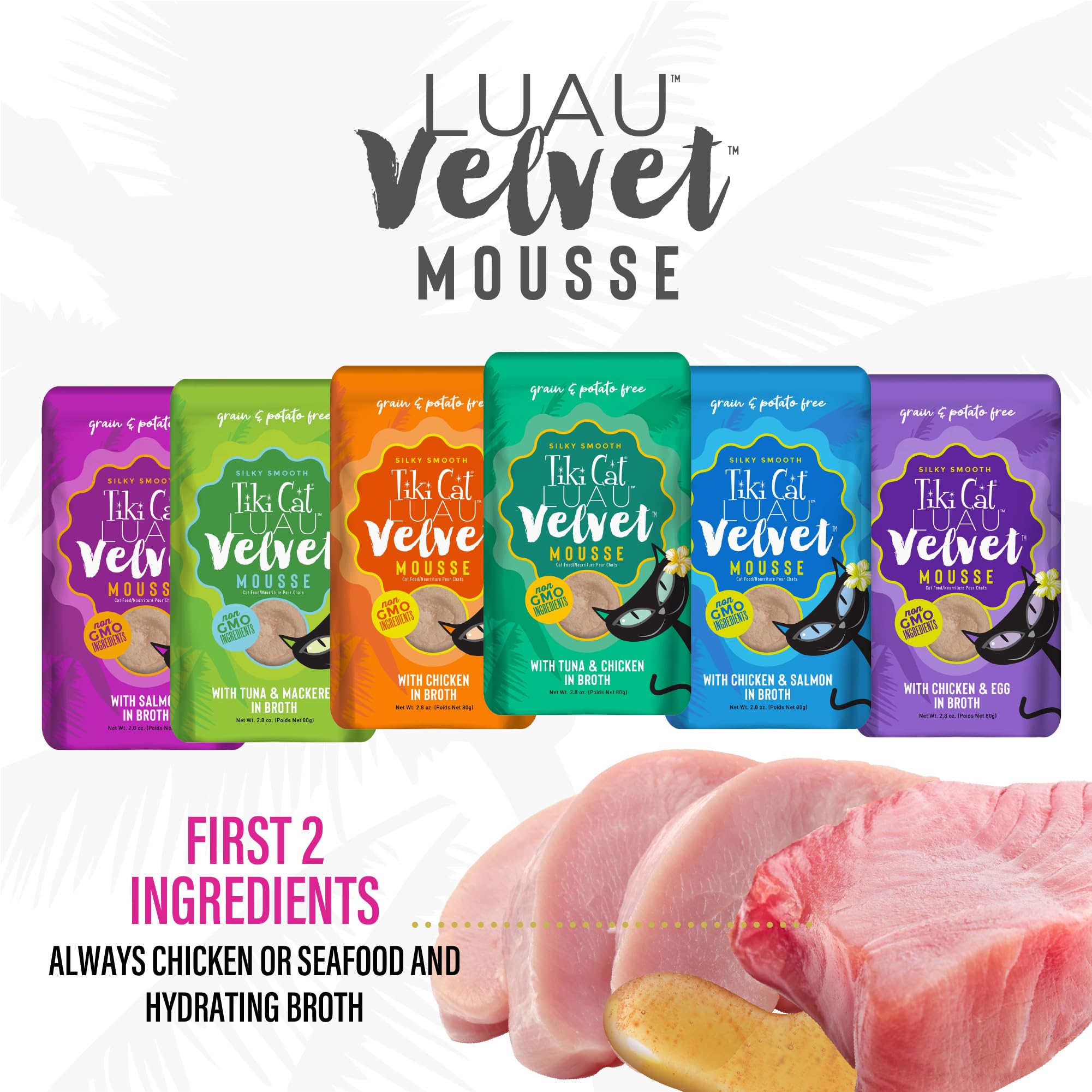 Velvet Mousse con sabor pollo de Tiki Cat, textura atractiva para gatos.