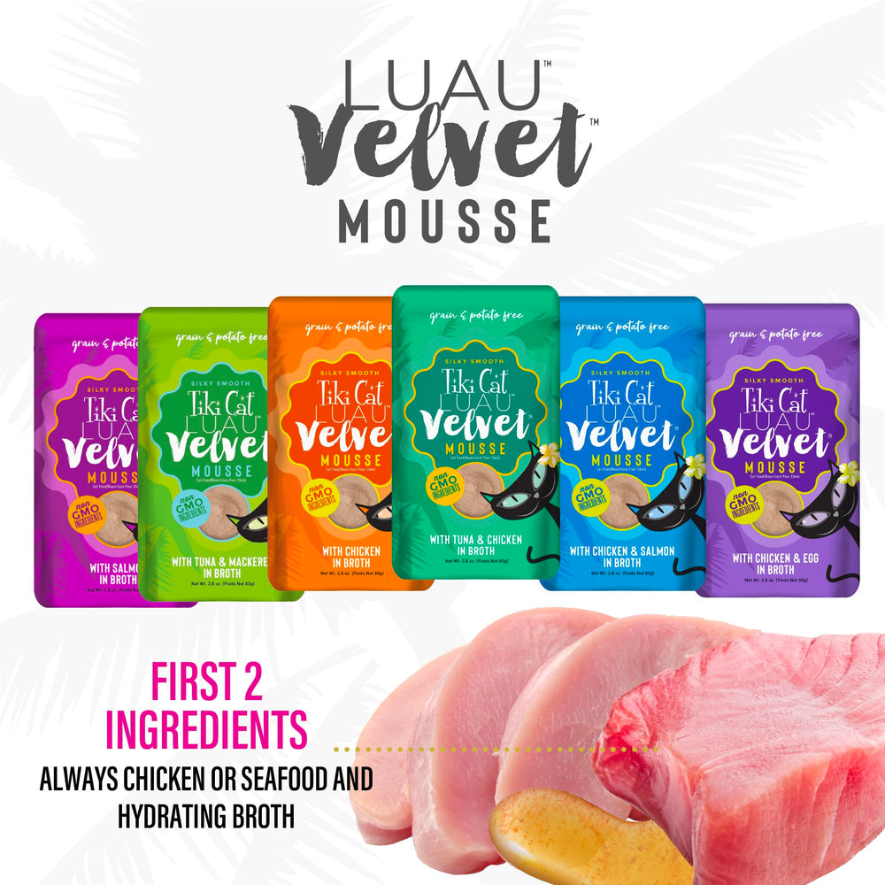 Velvet Mousse con sabor pollo de Tiki Cat, textura atractiva para gatos.